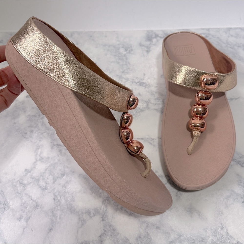 FitFlop Rola Glitzy Crystal Thong rose gold pink Women's Metallic Sandals size 9